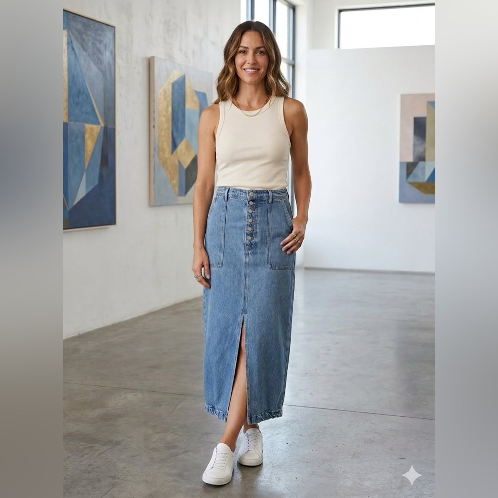 Free People YFB Young Fabulous & Broke High-Waisted Denim Maxi Skirt XS